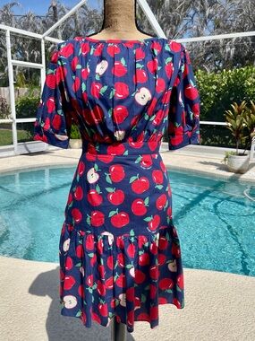 Moschino Boutique Navy Apple‑Print Midi Dress - USA 8